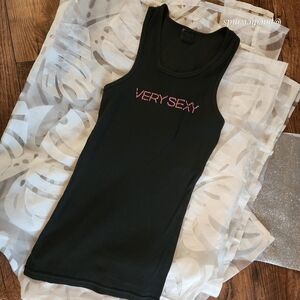 RARE! VICTORIA'S SECRET COTTON LOGO RIBBED TANK Embellished VERY SEXY OSFM BLACK